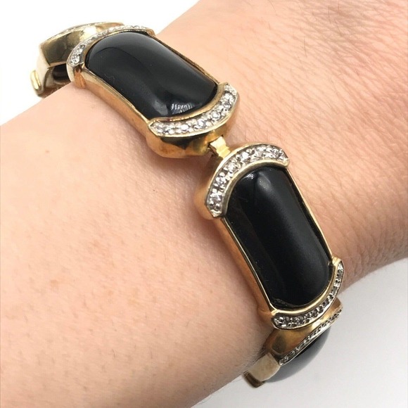 SETA 925 Sterling Silver Gold Plated Vermeil Black Panel Clear CZ Bracelet 7.25" - Picture 6 of 7